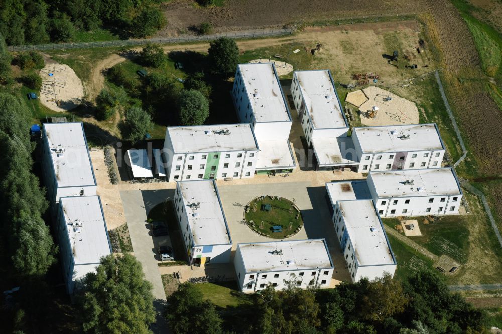 Wolfsburg from above - Container settlement as temporary shelter and reception center for refugees Camp Wolfsburg on street Dieselstrasse in Wolfsburg in the state Lower Saxony, Germany