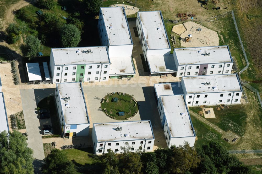 Wolfsburg from the bird's eye view: Container settlement as temporary shelter and reception center for refugees Camp Wolfsburg on street Dieselstrasse in Wolfsburg in the state Lower Saxony, Germany