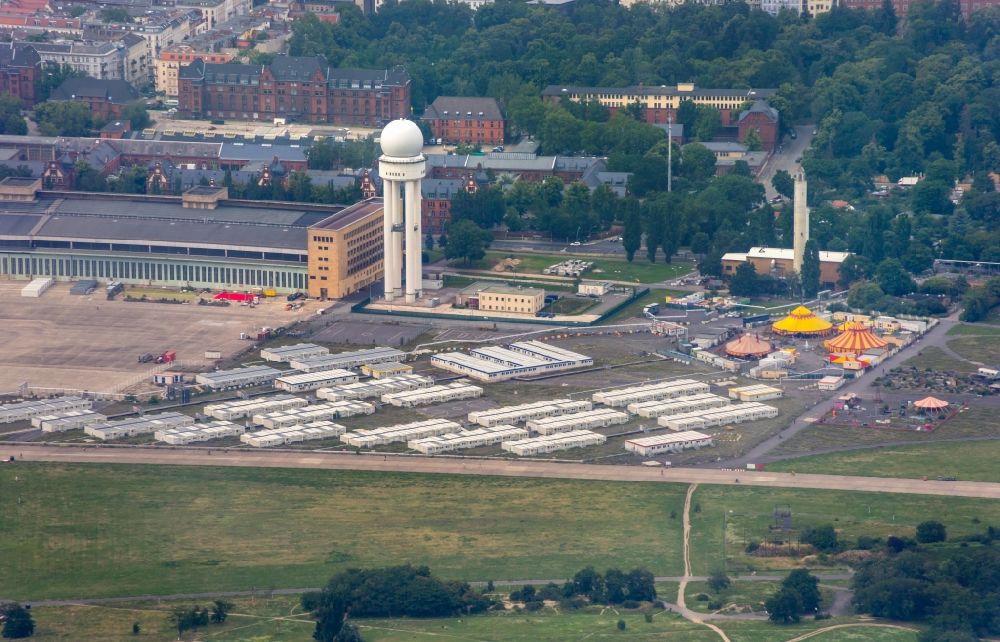 Berlin from above - Container settlement as temporary shelter and reception center for refugees on Columbiadamm in the district Tempelhof in Berlin, Germany