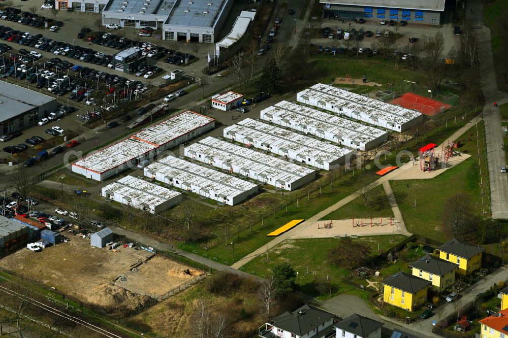 Aerial image Berlin - Container settlement as temporary shelter and reception center for refugees Dingolfinger Strasse - Walsheimer Strasse in the district Biesdorf in Berlin, Germany