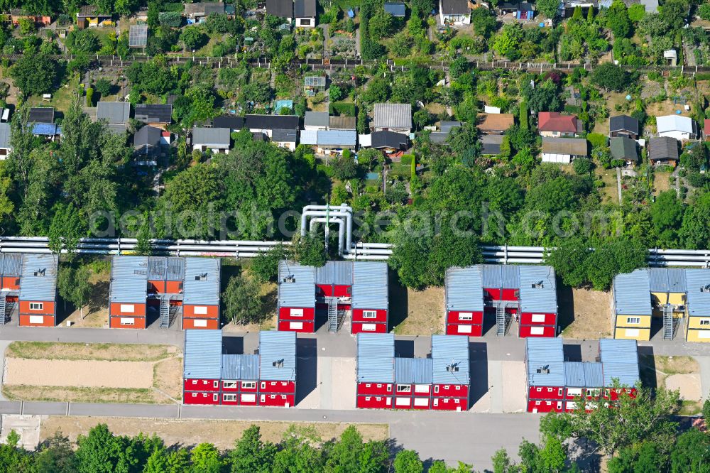 Leipzig from above - Container settlement as temporary shelter and reception center for refugees on Landsteiner Strasse in the district Zentrum-Suedost in Leipzig in the state Saxony, Germany