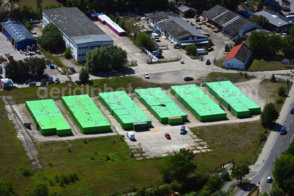 Bernau from above - Container settlement as temporary shelter and reception center for refugees on Ruednitzer Chaussee in Bernau in the state Brandenburg, Germany