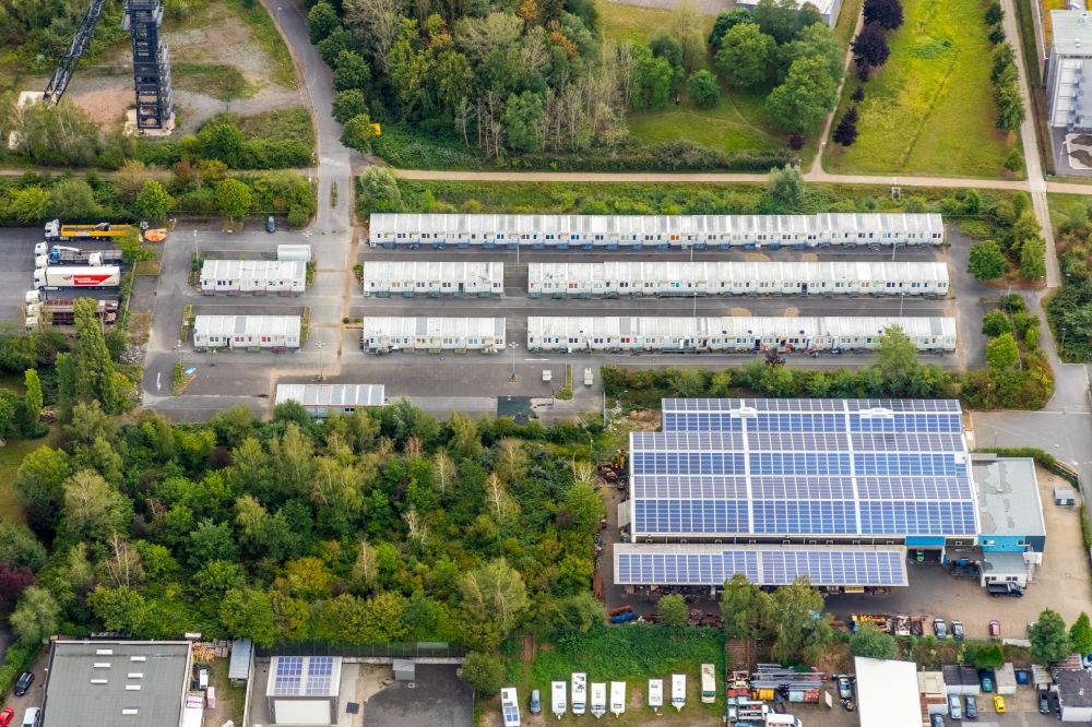 Bochum from above - Container settlement as temporary shelter and reception center for refugees on Emil-Weitz-Strasse in the district Wattenscheid in Bochum in the state North Rhine-Westphalia, Germany