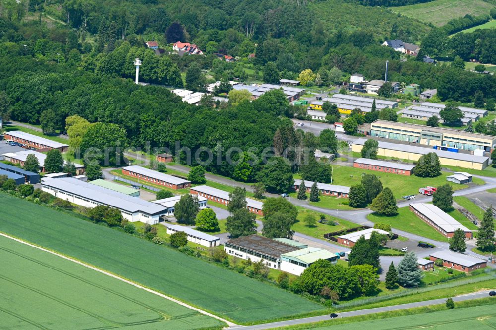 Möhnesee from the bird's eye view: Refugee - buildings and Aufnahmelager of Malteser Werke GgmbH in the district Echtrop in Moehnesee at Sauerland in the state North Rhine-Westphalia, Germany