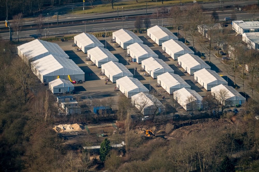 Dortmund from above - Refugees Home camp as temporary shelter An der Buschmuehle in the district Innenstadt-Ost in Dortmund in the state North Rhine-Westphalia