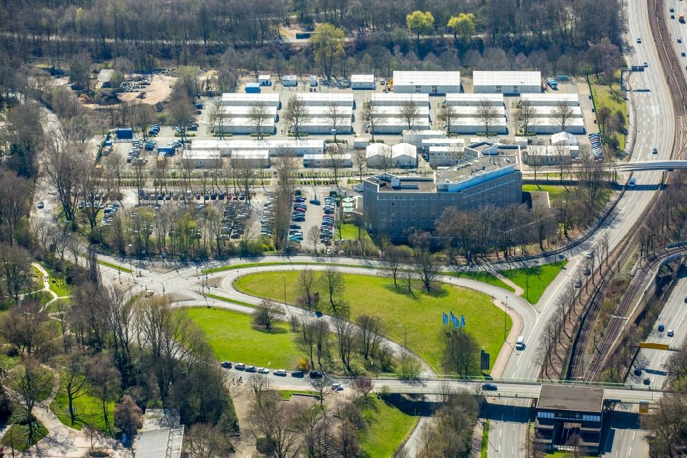 Dortmund from above - Refugee's home and asylum lodging tent camp as a temporary accommodation in the Ruhr avenue on the parking bay Buschmuehle in Dortmund in the federal state North Rhine-Westphalia