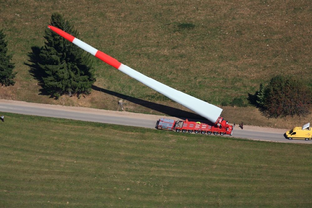 Aerial image Schopfheim - A rotor blade of a wind turbine is moved to the construction site on the Rohrenkopf near Gersbach in Schopfheim in the state Baden-Wuerttemberg
