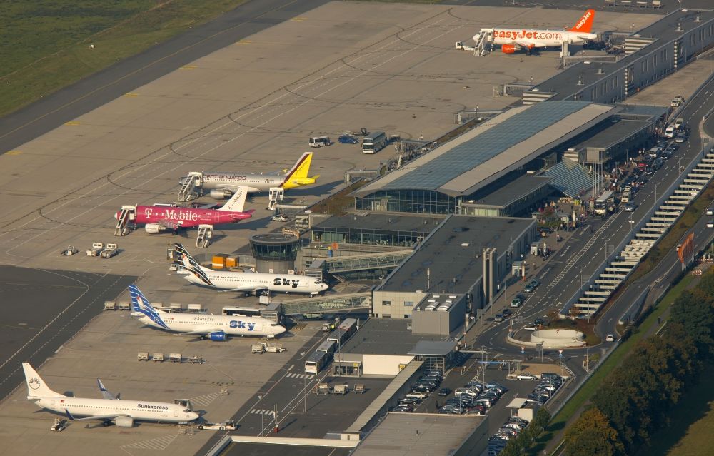 Aerial image Dortmund - View of the airport Dortmund. The Dortmund Airport 21 (IATA: DTM, ICAO EDLW), a former airfield, developed in recent years and is now the third largest airport in Nordrhein-Westfalen
