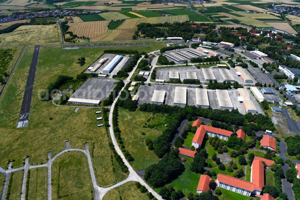 Geldersheim from above - Runway with tarmac terrain of airfield Conn Barracks in Geldersheim in the state Bavaria, Germany
