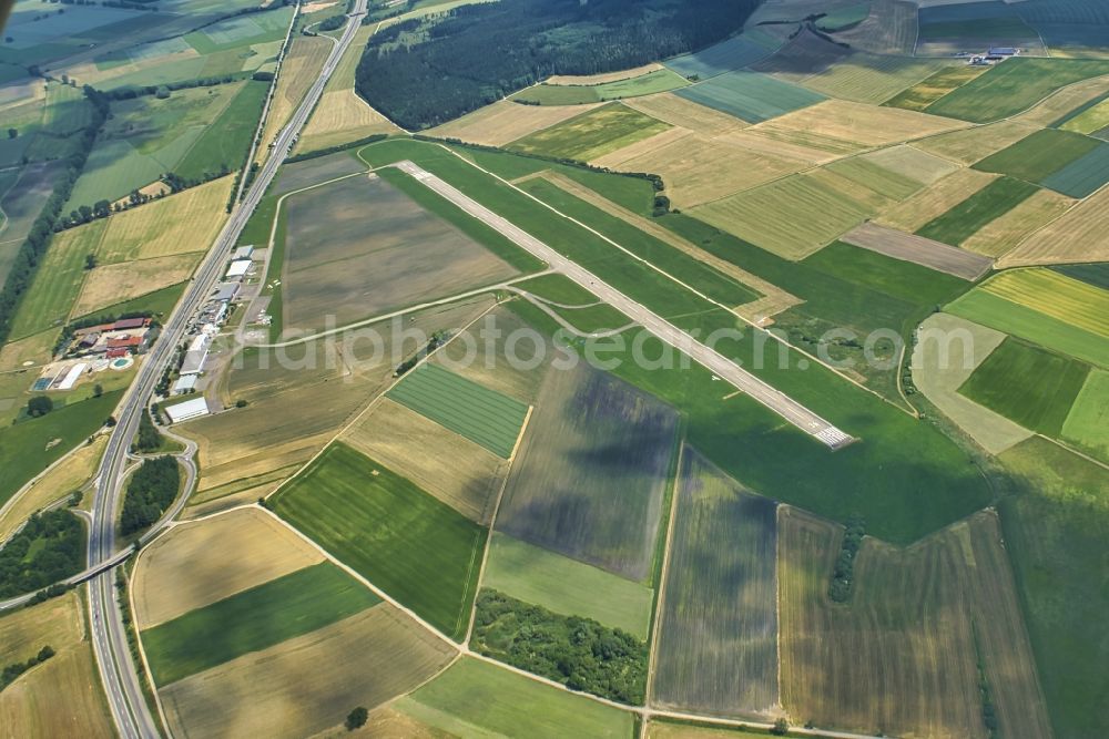 Aerial image Donaueschingen - Runway with tarmac terrain of airfield Donaueschingen in Donaueschingen in the state Baden-Wurttemberg, Germany