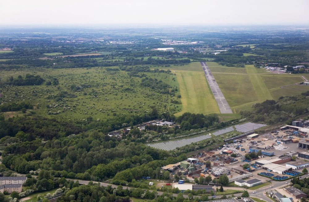 Flensburg from above - Runway with tarmac terrain of airfield EDXF in Flensburg in the state Schleswig-Holstein, Germany