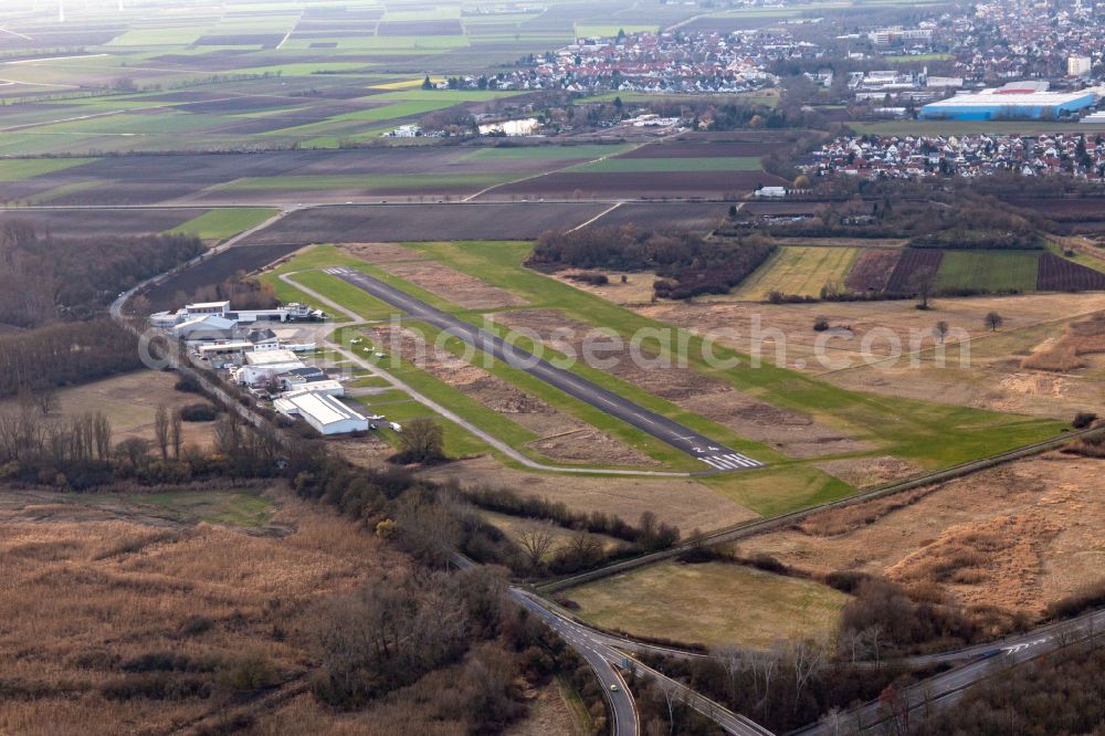 Worms from the bird's eye view: Runway with tarmac terrain of airfield in Worms in the state Rhineland-Palatinate, Germany