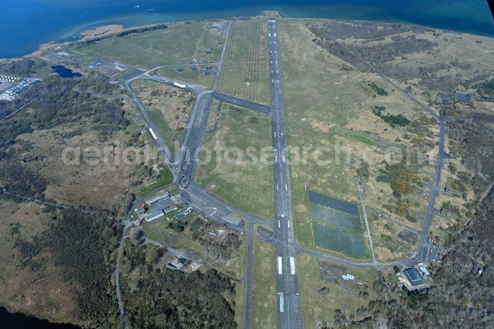 Peenemünde from above - Runway with tarmac terrain of airfield in Peenemuende on the island of Usedom in the state Mecklenburg - Western Pomerania, Germany