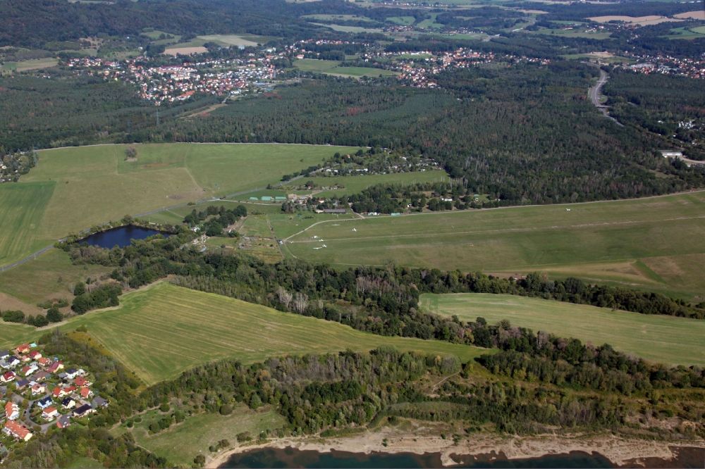 Aerial image Pirna - Runway with tarmac terrain of airfield Pirna Pratzschwitz in Pirna in the state Saxony, Germany
