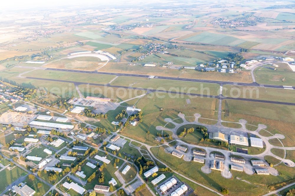 Bourscheid from the bird's eye view: Buildings and runway with tarmac of the Phalsbourg-Bourscheid military airfield Camp LA Horie in Saint-Jean-Kourtzerode in Grand Est, France