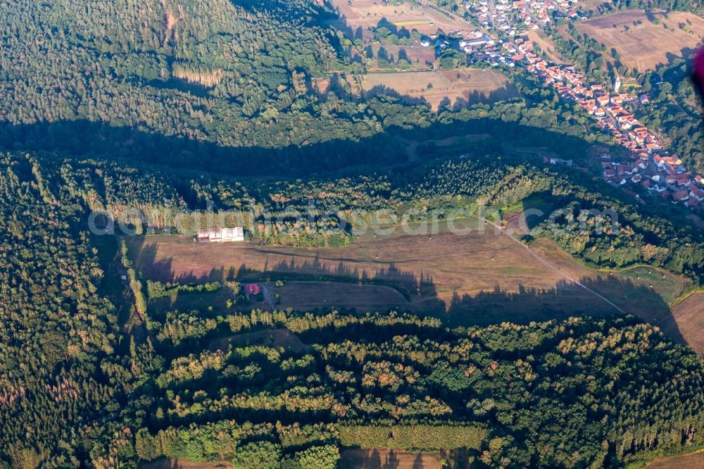 Rumbach from above - Runway with tarmac terrain of airfield Soeller in Rumbach in the state Rhineland-Palatinate, Germany