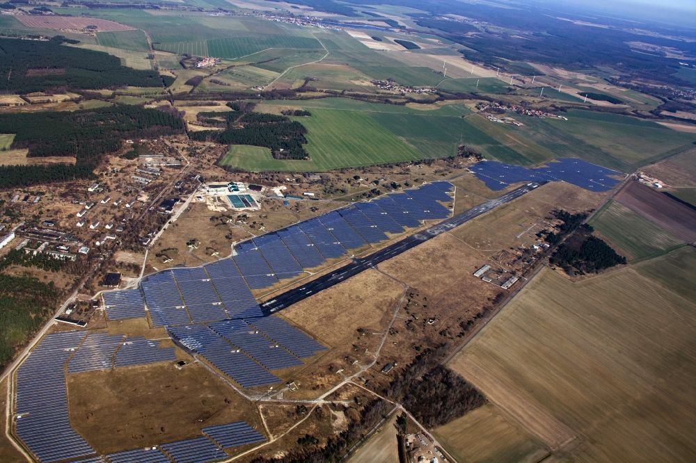 Zerbst from above - Zerbst airfield and photovoltaic park on the open spaces of the airfield Zerbst in Saxony-Anhalt