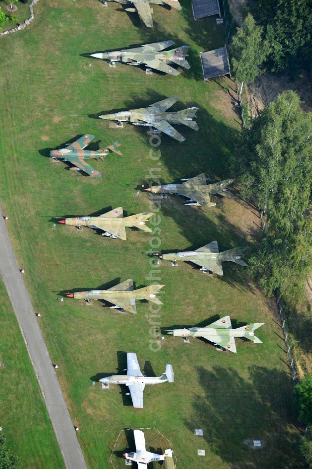 Aerial photograph Cottbus - View of the Airfield Museum on the site of the former airfield Cottbus. Covering an area of 20,000 square meters military aircrafts, agricultural aircraft and helicopters and also air traffic control and vehicle technology from the history of aviation are shown. All periods are presented in detail in the museum's images and documents