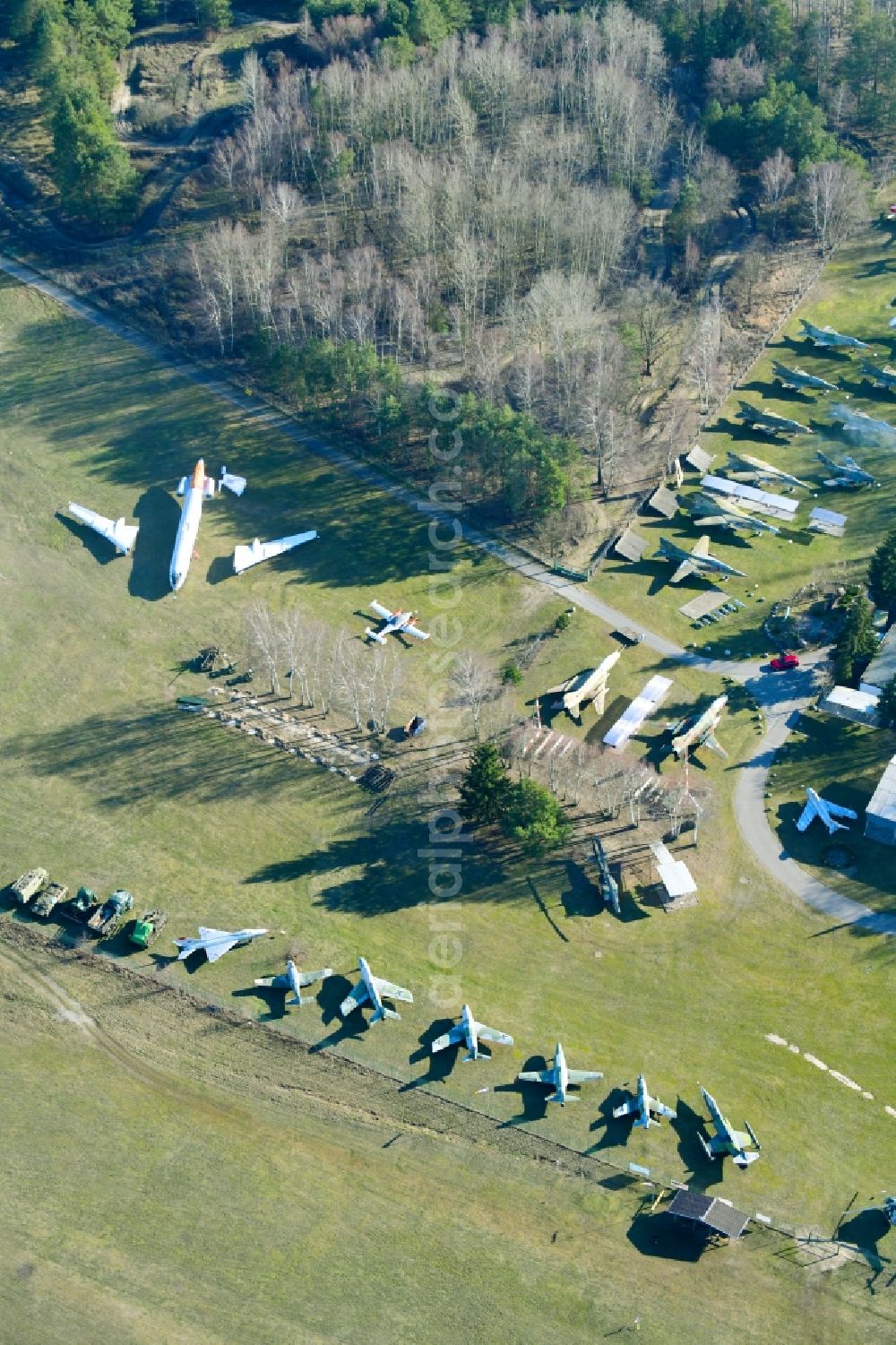Cottbus from above - View of the Airfield Museum on the site of the former airfield Cottbus. Covering an area with military aircrafts, agricultural aircraft and helicopters and also air traffic control and vehicle technology from the history of aviation are shown. All periods are presented in detail in the museum's images and documents