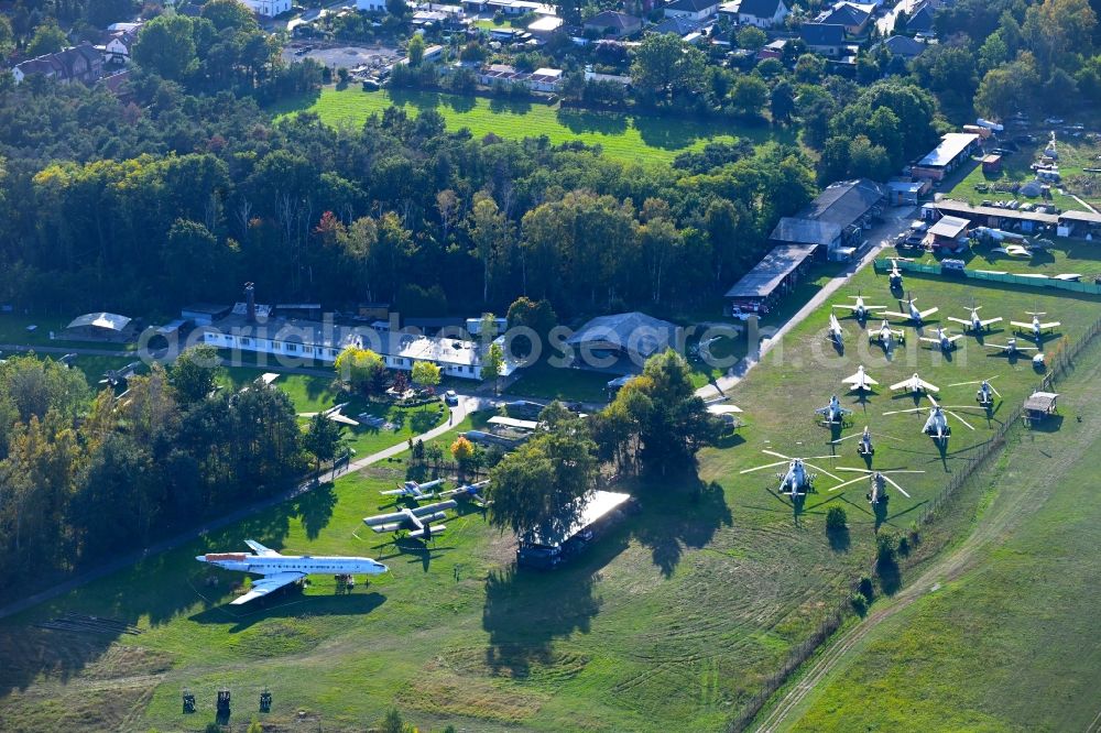 Cottbus from above - View of the Airfield Museum on the site of the former airfield Cottbus. Covering an area with military aircrafts, agricultural aircraft and helicopters and also air traffic control and vehicle technology from the history of aviation are shown