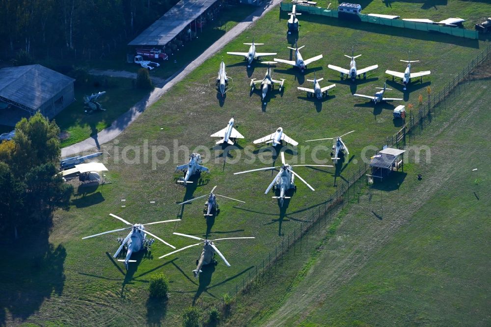 Cottbus from the bird's eye view: View of the Airfield Museum on the site of the former airfield Cottbus. Covering an area with military aircrafts, agricultural aircraft and helicopters and also air traffic control and vehicle technology from the history of aviation are shown