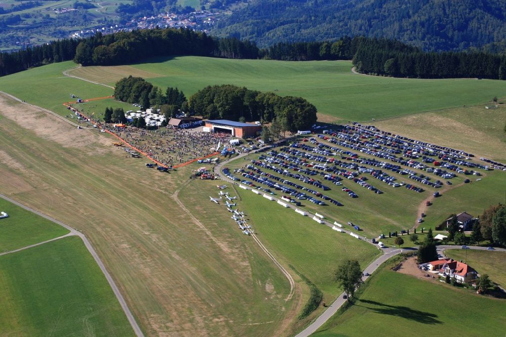 Aerial image Rickenbach - Runway with tarmac terrain of the airfield of Luftsportgemeinschaft Hotzenwald in Rickenbach in the state Baden-Wuerttemberg. The airfield is located in the southern Black Forest on the plateau of the Hotzenwald