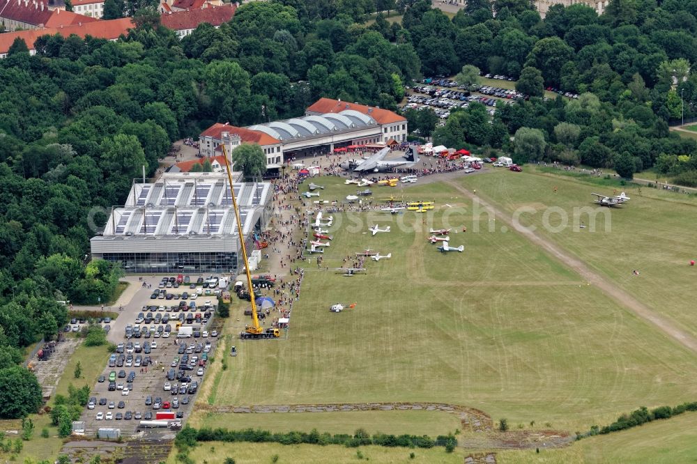 Aerial image Oberschleißheim - Halls and grounds of the Flugwerft Schleissheim in Oberschleissheim near Munich in Bavaria. For Fly-In occasion of the 25th anniversary of the Flugwerft historical and current aircraft are on display on the open spaces, including a C-160 Transall. The Flugwerft is a branch of the Deutsches Museum