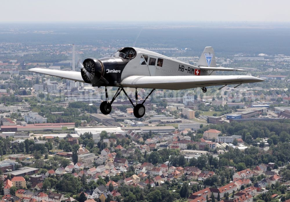 Dessau from above - Junkers F13 Aircraft in flight over the airspace in Dessau in the state Saxony-Anhalt, Germany