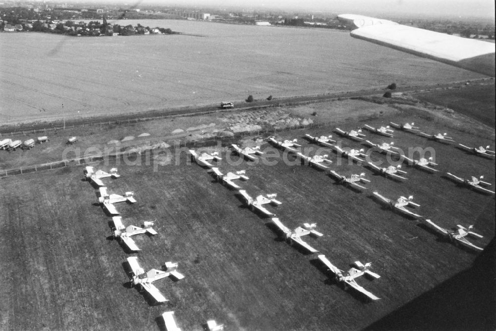 Magdeburg from the bird's eye view: Aircraft PZL 106 A Kruk parked on the airport in Magdeburg in the state Saxony-Anhalt, Germany