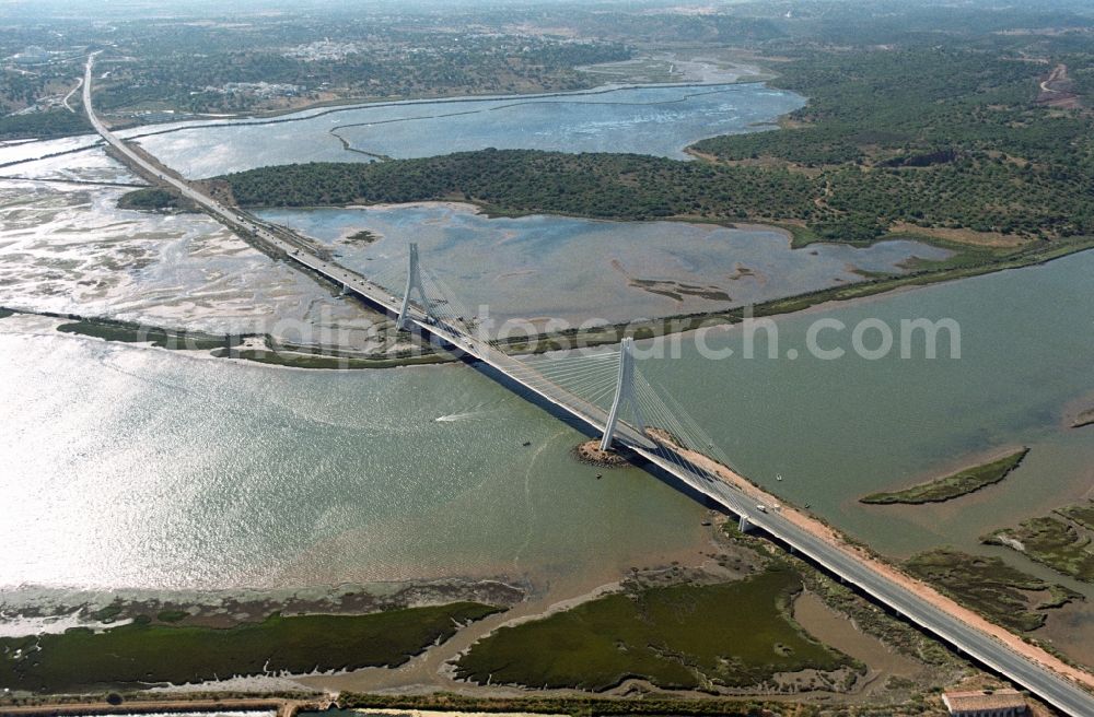 Aerial image Portimao - River - bridge construction of Arade on Estrada Nacional 125 in Portimao in Faro, Portugal