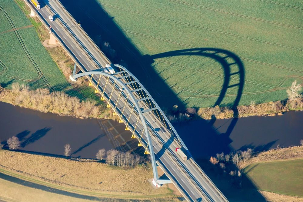 Plötzkau from above - River - bridge construction of A14 over river Saale in Ploetzkau in the state Saxony-Anhalt