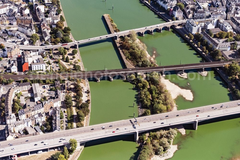 Aerial image Koblenz - River - bridge construction over the Mosel in Koblenz in the state Rhineland-Palatinate, Germany