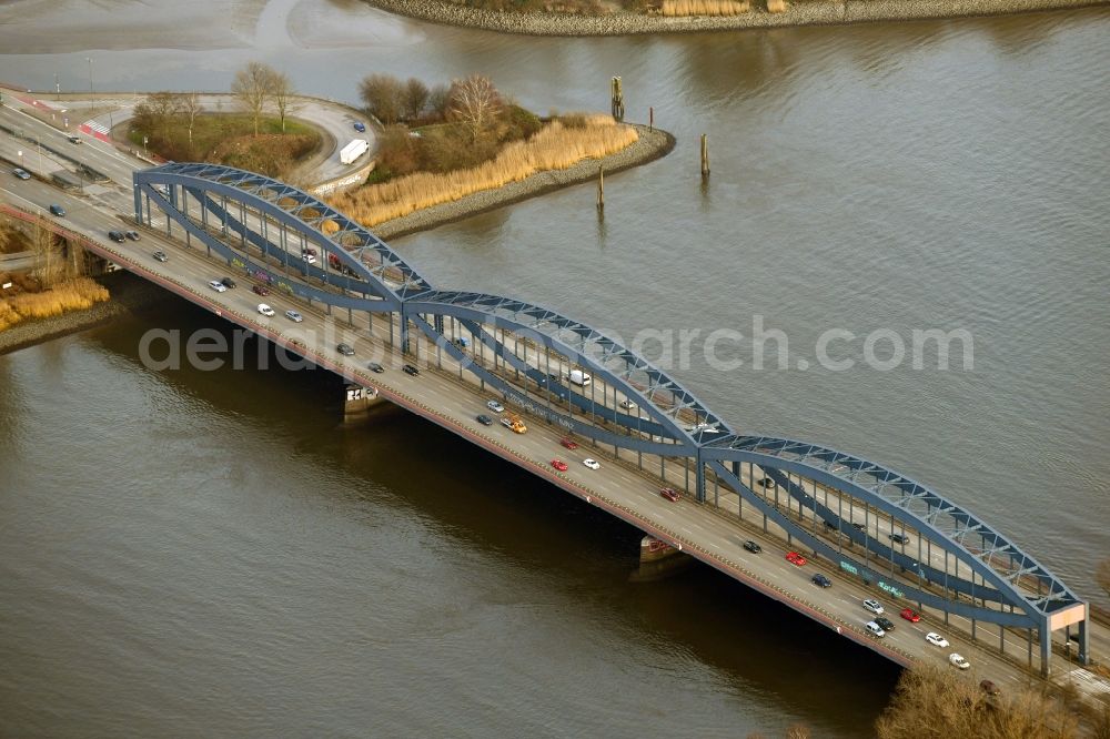 Aerial photograph Hamburg - River - bridge construction about the Norderelbe on Billhorner Brueckenstrasse and Veddeler Brueckenstrasse in the district Rothenburgsort in Hamburg, Germany