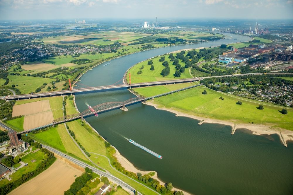 Duisburg from above - River - bridge construction - A42 highway bridge and railway bridge over the Rhine in Duisburg in North Rhine-Westphalia