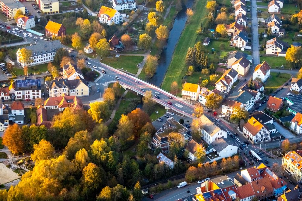Marsberg from above - River - bridge construction over the Riemel overlooking the district court Marsberg on Hauptstrasse and the Lillers-Strasse in Marsberg in the state North Rhine-Westphalia, Germany