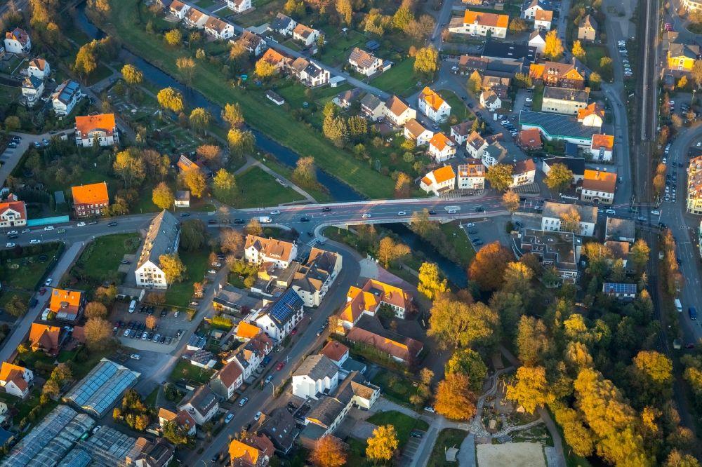 Aerial photograph Marsberg - River - bridge construction over the Riemel overlooking the district court Marsberg on Hauptstrasse and the Lillers-Strasse in Marsberg in the state North Rhine-Westphalia, Germany