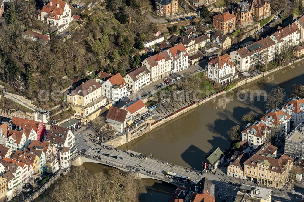 Aerial image Tübingen - River - bridge construction of Eberhardsbruecke in Tuebingen in the state Baden-Wurttemberg, Germany