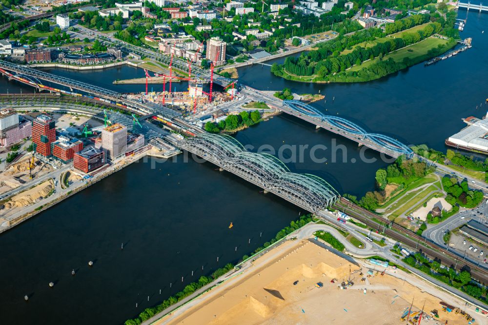 Aerial photograph Hamburg - River - bridge structure Elbbruecken - Norderelbbruecke - - Freihafenelbbruecke on the banks of the Elbe in Hamburg