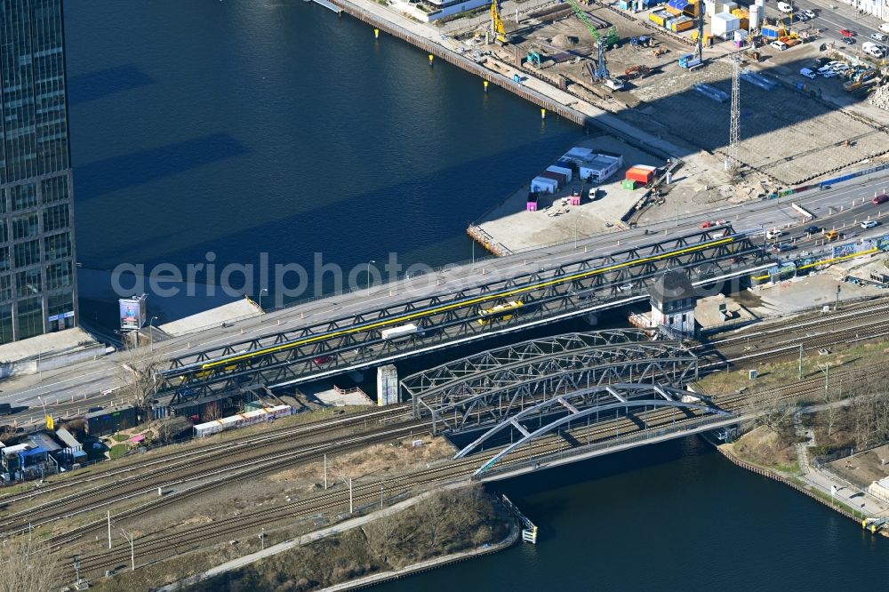 Berlin from above - River - bridge construction Elsenbruecke in the district Treptow in Berlin, Germany