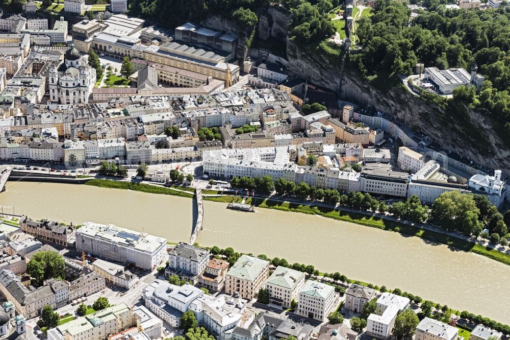 Salzburg from above - River - bridge construction Makartsteg and Amadeus Insel Bar on Salzach in Salzburg in Austria