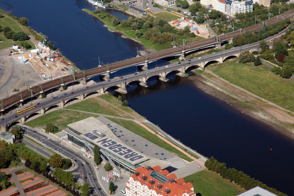 Aerial image Dresden - River - bridge construction Marienbruecke about the Elbe in Dresden in the state Saxony, Germany