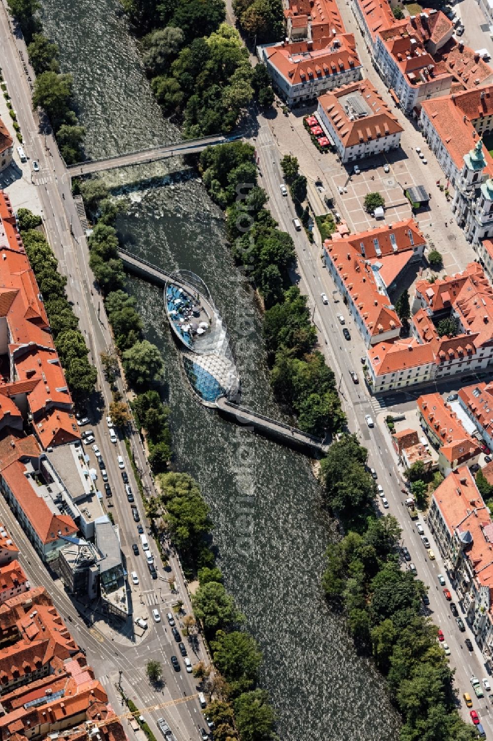 Aerial photograph Graz - River - bridge construction Murinsel in Graz in Steiermark, Austria