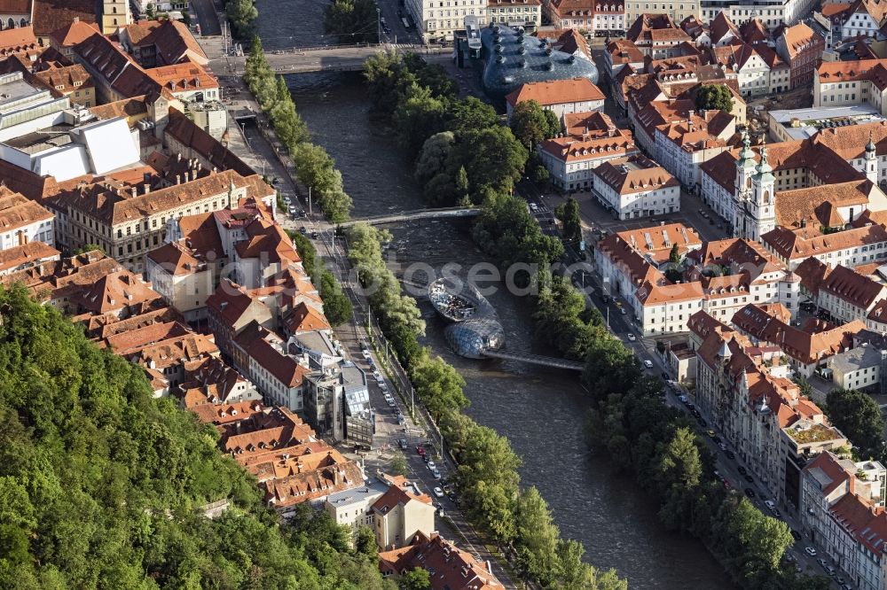 Aerial photograph Graz - River - bridge construction Murinsel in Graz in Steiermark, Austria
