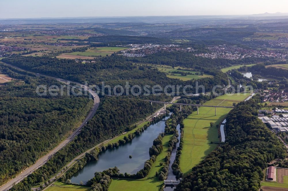 Aerial image Kirchentellinsfurt - River - bridge construction crossing the Neckar valley and a lake in Kirchentellinsfurt in the state Baden-Wuerttemberg, Germany