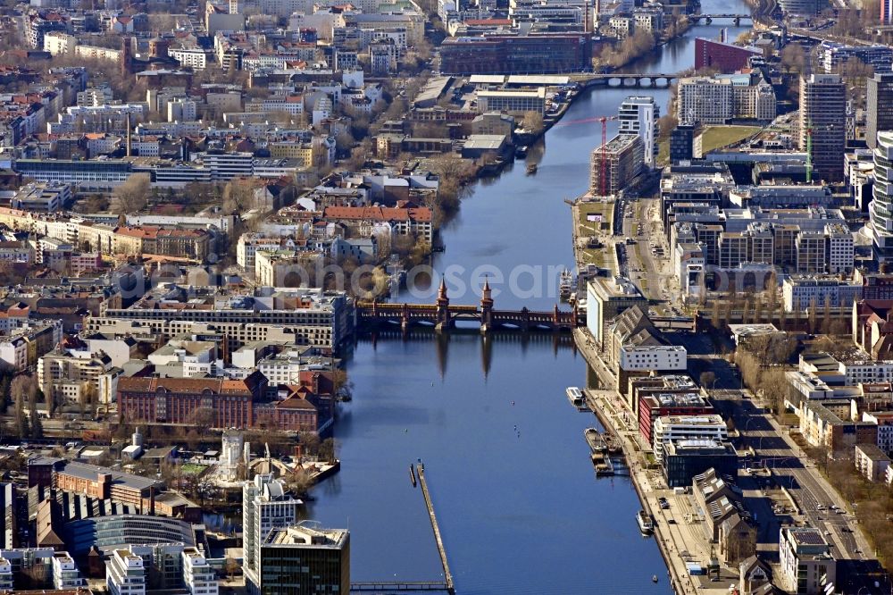 Aerial image Berlin - Bridge over the Spree - River side of Oberbaumbruecke on spree river in Berlin in Germany