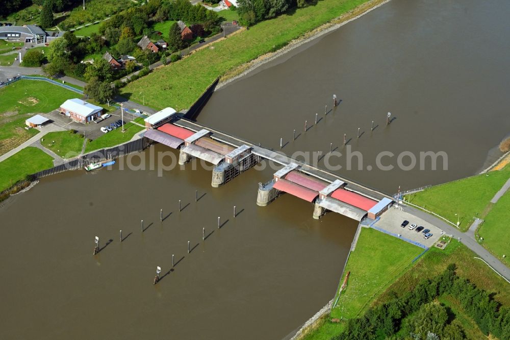 Neuhäuserdeich from above - River - bridge construction Ostesperrwerk in Neuhaeuserdeich in the state Lower Saxony, Germany
