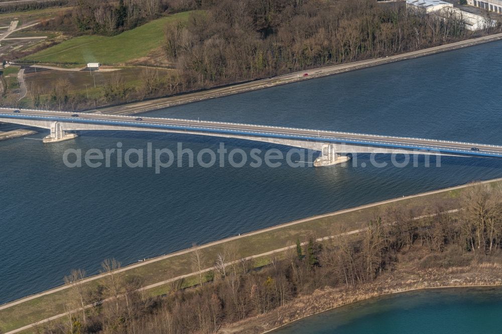 Eschau from above - River - bridge construction on Rhein Pflimlin Bruecke in Eschau in Grand Est, France