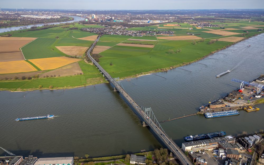 Krefeld from above - River - bridge construction Rheinbruecke Krefeld-Uerdingen across the Rhein in the district Duisburg Sued in Krefeld in the state North Rhine-Westphalia, Germany