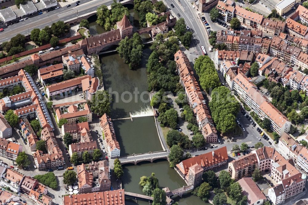 Nürnberg from the bird's eye view: River - bridge construction Schlayerturm in Nuremberg in the state Bavaria, Germany
