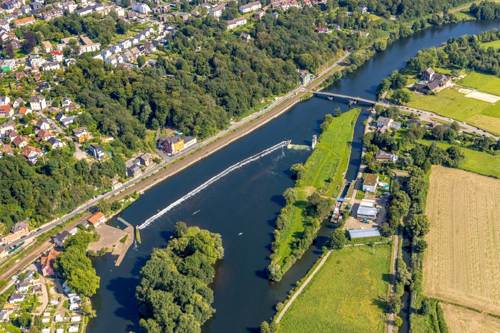 Hattingen from the bird's eye view: River - bridge construction about the Ruhr in Hattingen in the state North Rhine-Westphalia, Germany